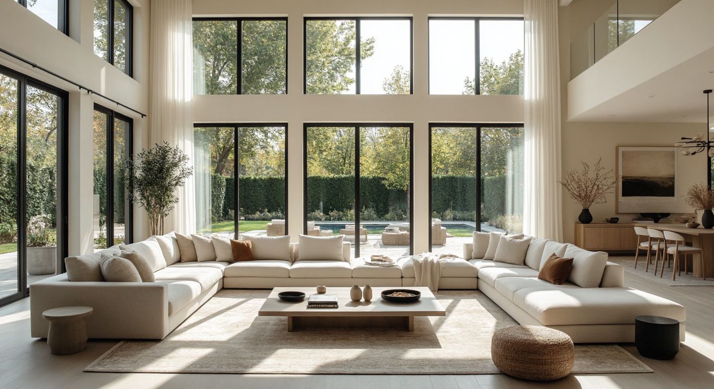 A bright, airy Turkish living room with sleek modern furniture in neutral tones, an open layout, and minimalist decor, bathed in natural light from large windows.