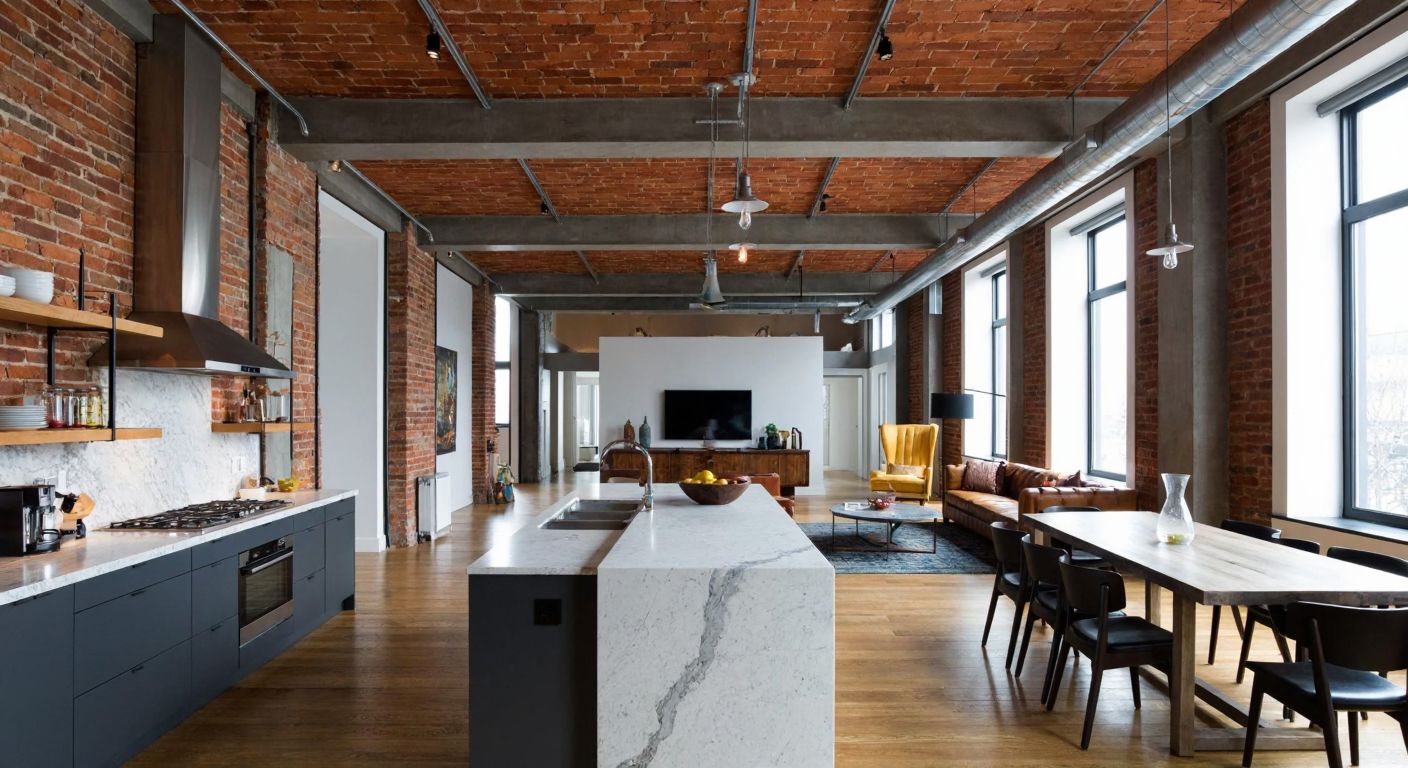 A spacious, industrial-style loft apartment in Turkey with exposed brick walls, high ceilings, and a modern open kitchen featuring stainless steel appliances and a marble countertop.