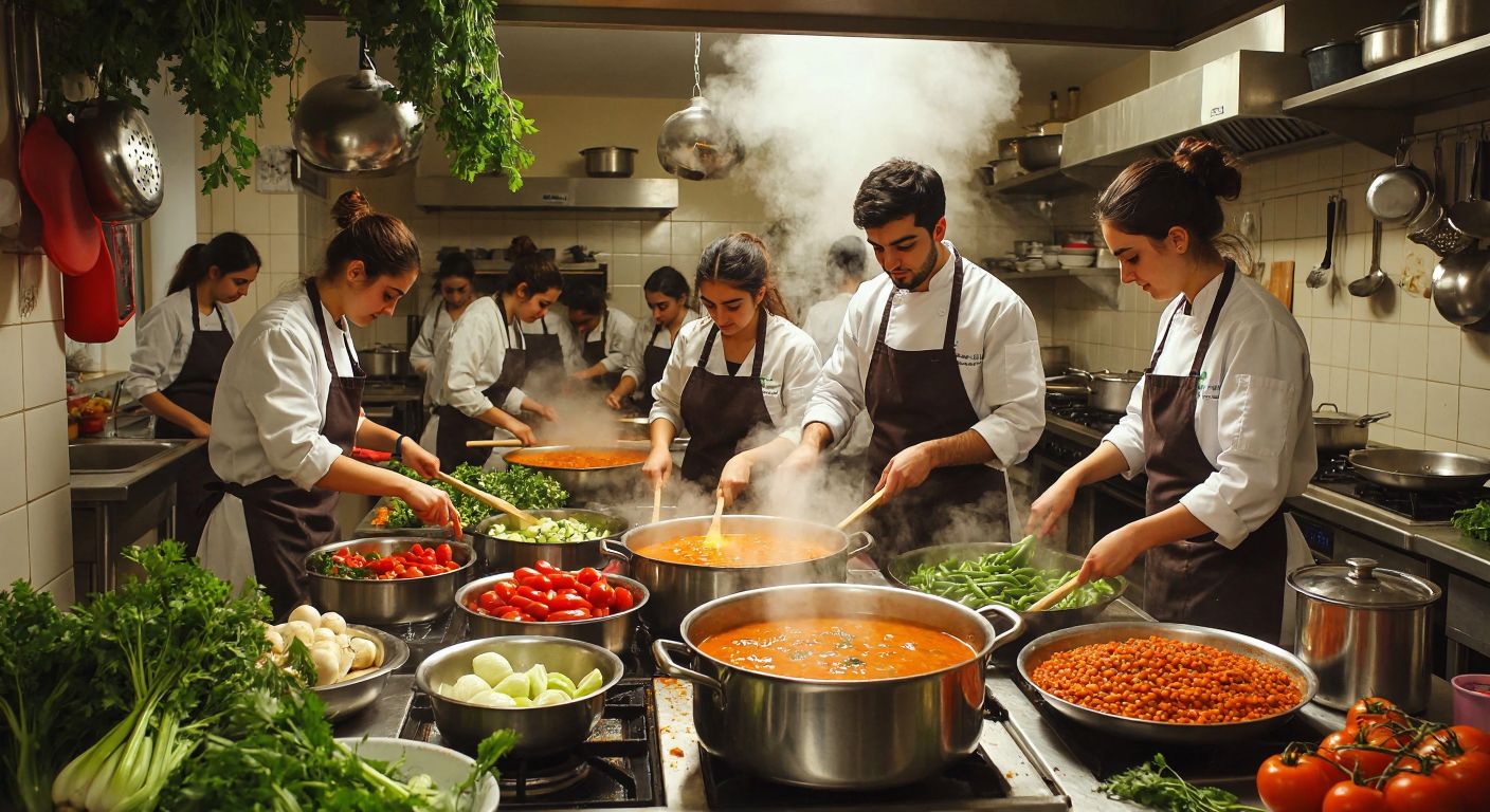 A bustling university dormitory kitchen in Turkey, filled with students in aprons chopping fresh vegetables and stirring pots under the supervision of a nutritionist in a white coat, with steam rising from a large pot of lentil soup.