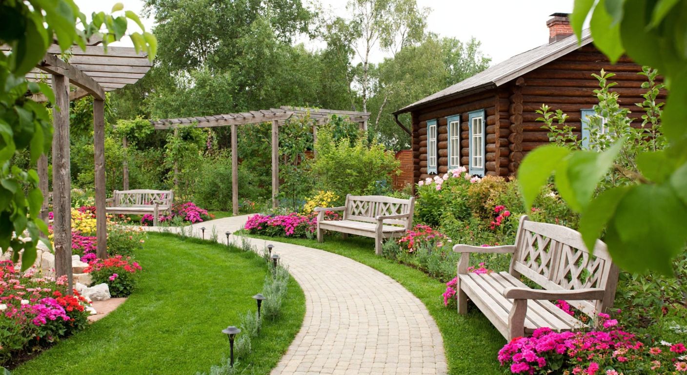 A serene Russian-style garden with pastel-colored flowers, wooden benches, and a winding path leading to a quaint wooden house, surrounded by fruit trees and shaded by a pergola.