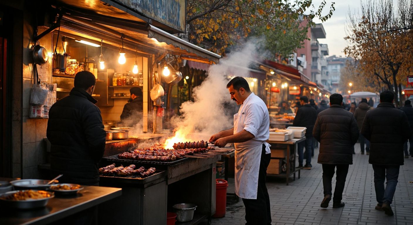 A bustling street in Ankara at dusk, with a warmly lit small eatery where a mustachioed chef in a white apron grills sizzling kokoreç on a skewer over glowing coals, surrounded by eager customers savoring the smoky aroma.