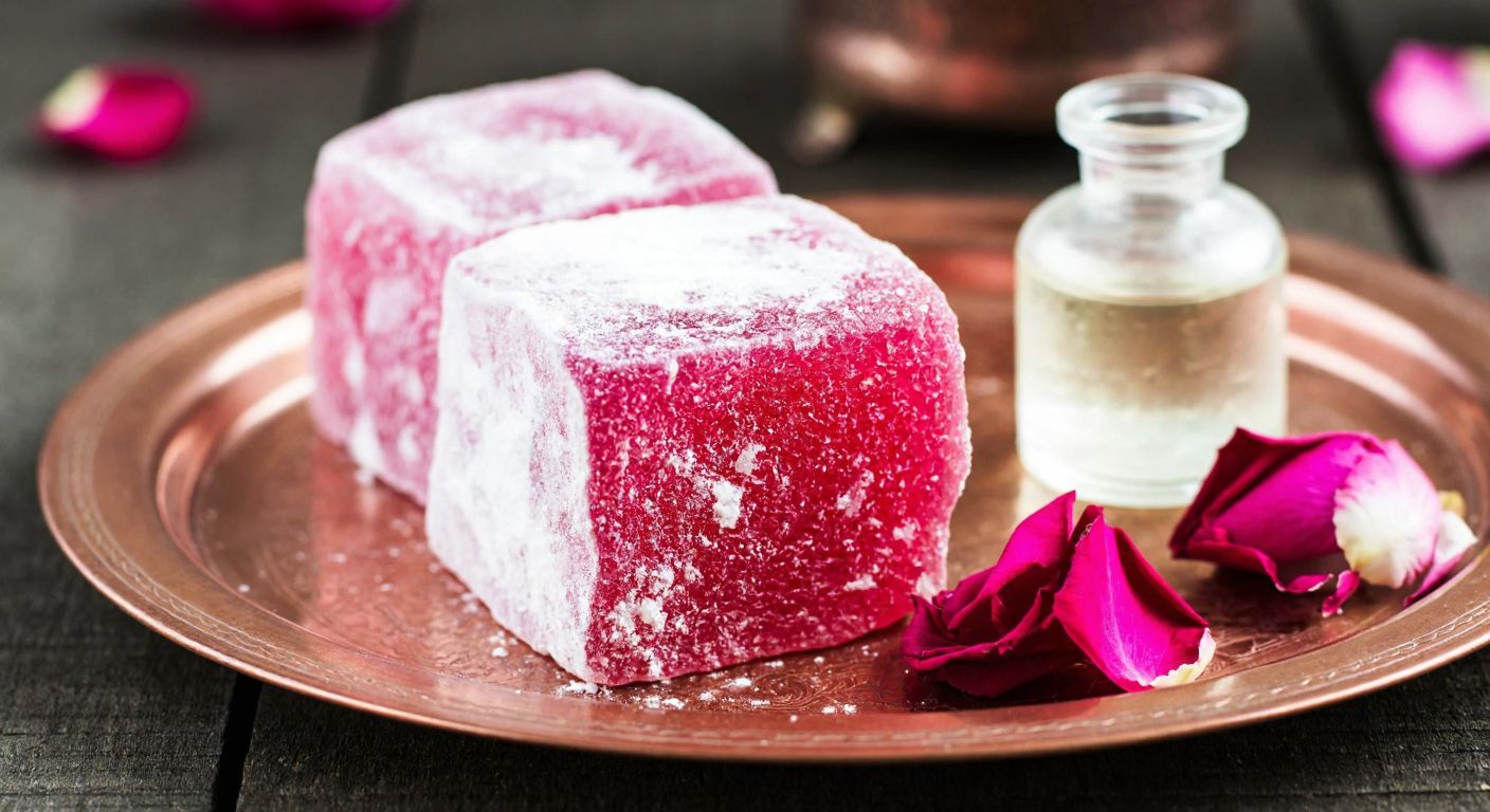 A vibrant pink rose-flavored Turkish delight (lokum) dusted with powdered sugar, resting on a copper tray beside a small glass bottle of rosewater and fresh rose petals, evoking the sweet floral aroma of traditional Ottoman confectionery.