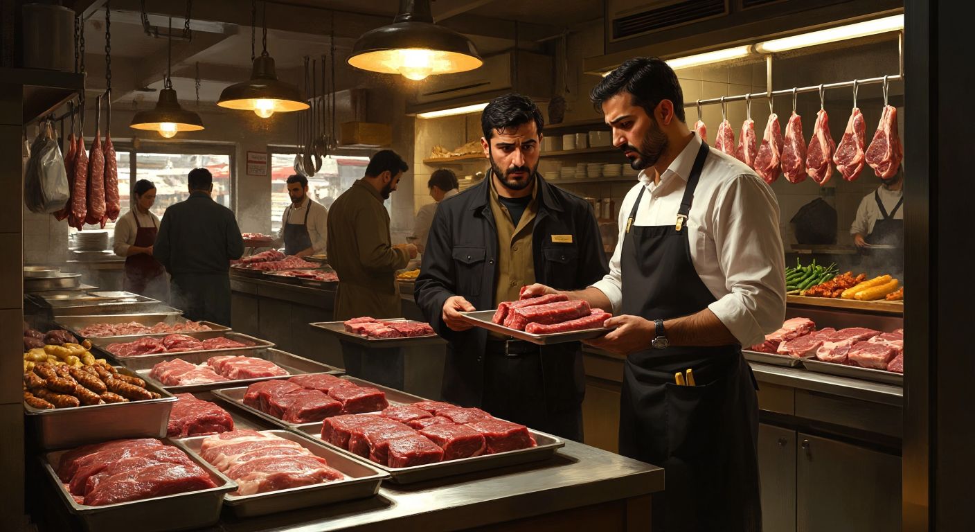 A bustling Turkish meat shop with a concerned customer holding a skewer of köfte, while a stern-faced inspector in official attire points to a signless report, surrounded by trays of raw meat under warm golden light.