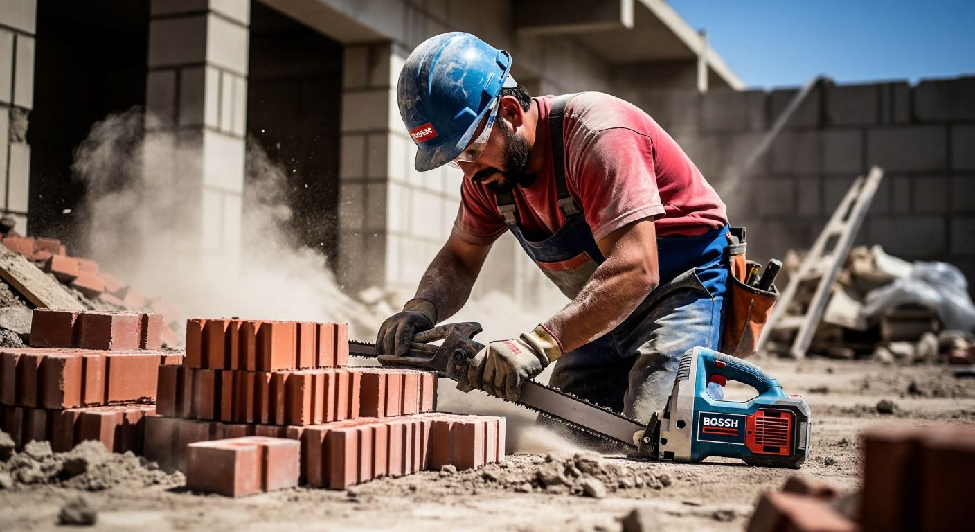 A Turkish construction worker in a dusty worksite, wearing a hard hat and gloves, carefully cutting a red brick with a fox-tail saw, with a pile of bricks and a Bosch power tool nearby.