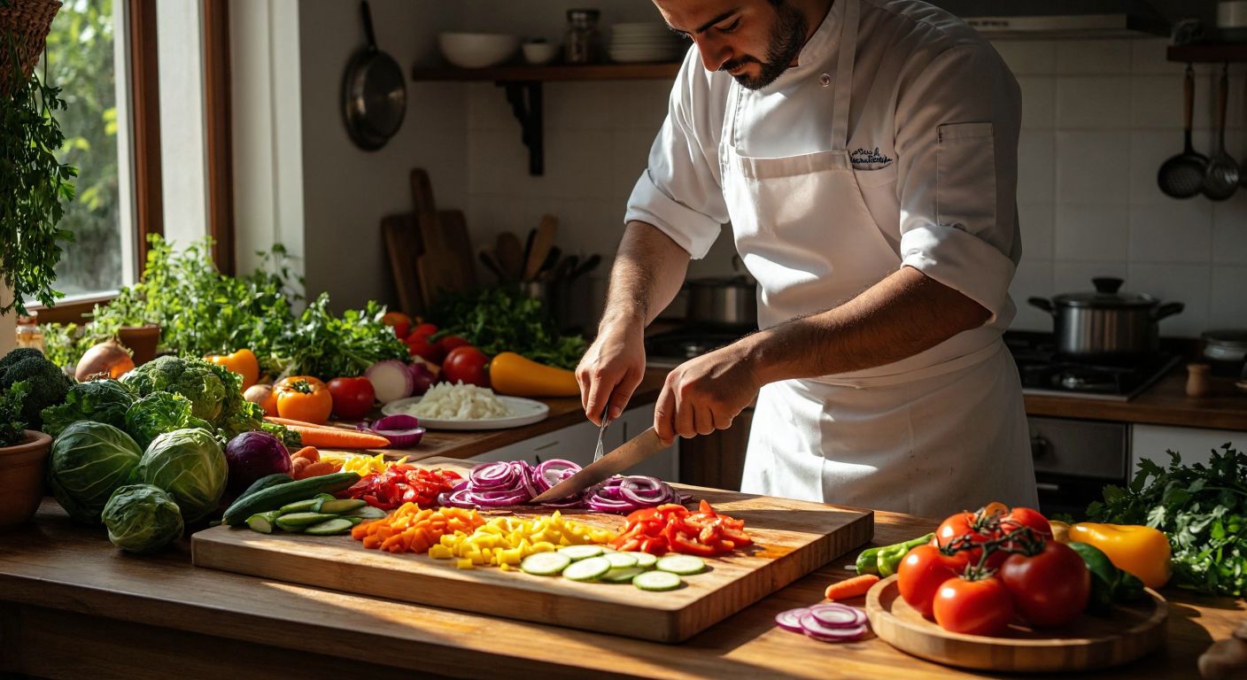 A Turkish chef in a white apron meticulously slicing colorful vegetables into various shapes—small cubes, thin strips, and round discs—on a wooden cutting board in a sunlit kitchen.