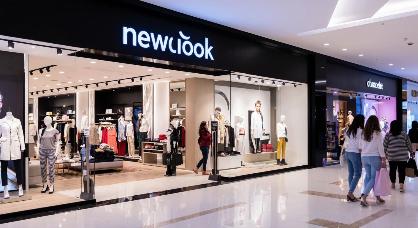 A modern shopping mall interior in Ankara, with a well-lit Network storefront displaying stylish clothing, surrounded by shoppers carrying bags and chatting animatedly.