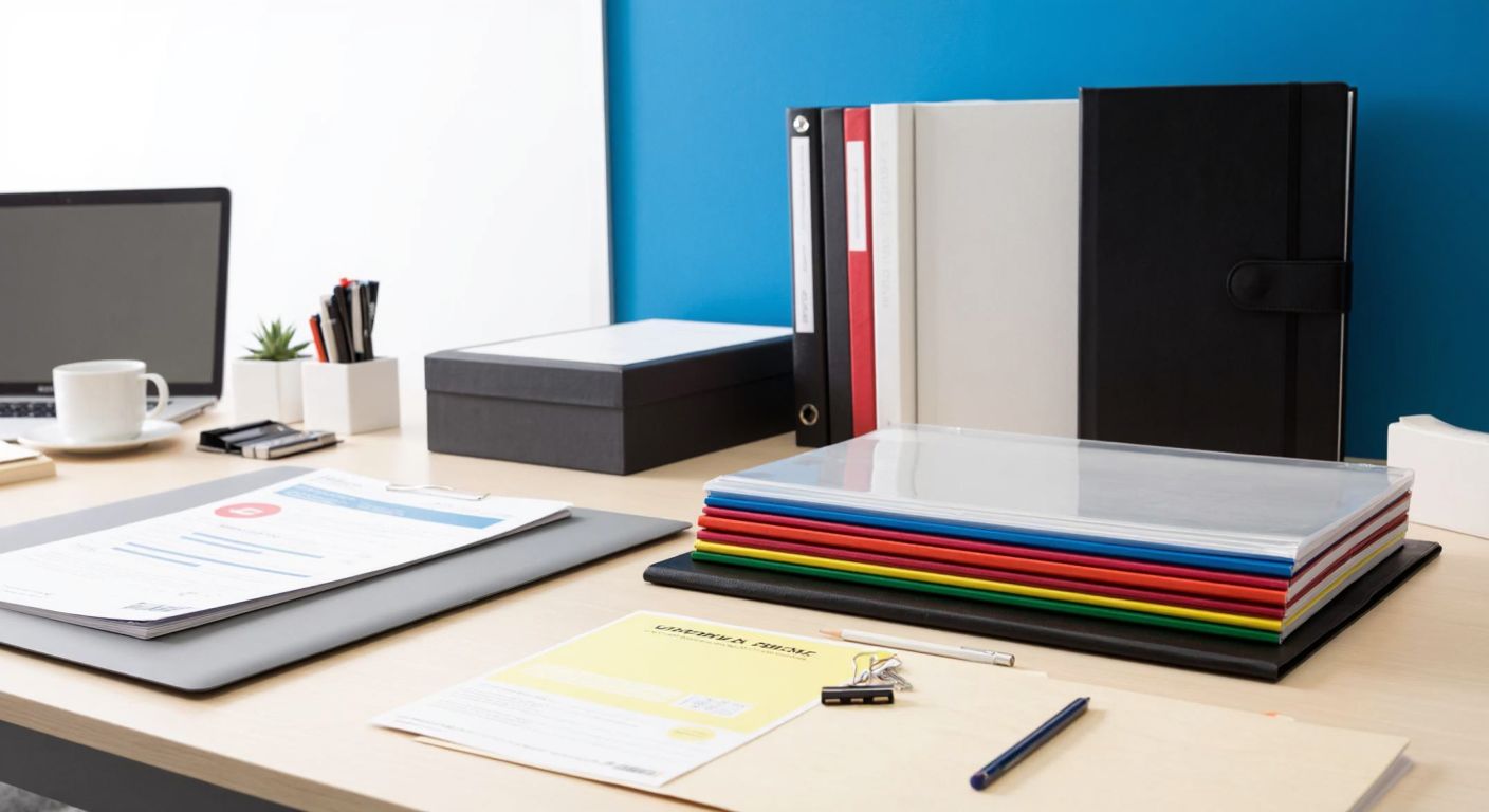 A neatly organized desk in a Turkish office setting, with a stack of A4 folders in clear plastic, sleek leather, and patterned portfolio covers, alongside documents and stationery.