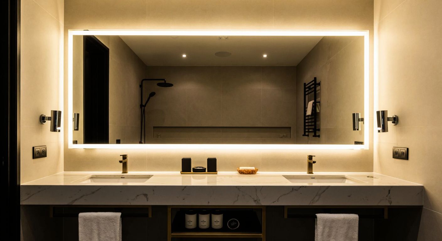 A modern Turkish bathroom with a large mirror framed by glowing LED strips, reflecting warm light onto marble countertops and a neatly arranged set of grooming tools.
