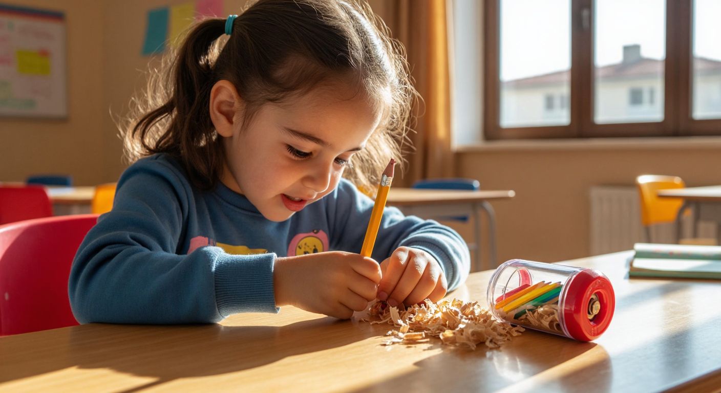 A child in a Turkish classroom eagerly sharpens a colorful pencil with a **Maped Turbo Twist sharpener**, its transparent waste compartment filling with wood shavings as sunlight streams through the window onto a wooden desk.