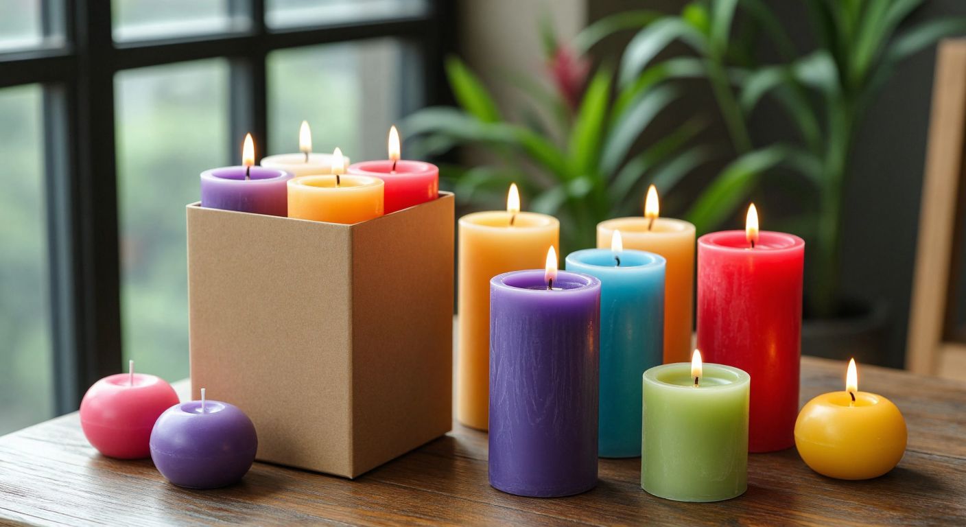 A sturdy plastic candle box and an eco-friendly cardboard candle box sit side by side on a wooden table, surrounded by colorful wax candles in various shapes and sizes.