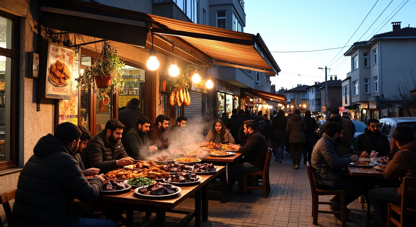 A bustling street in Ankara's Altındağ district, with a small, warmly lit eatery serving sizzling plates of golden-brown fried liver, surrounded by locals enjoying the dish at wooden tables under a clear blue sky.