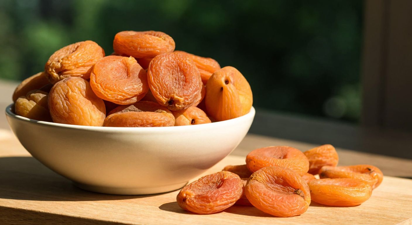 A bowl of sun-dried Turkish apricots resting on a wooden table, glowing warmly under natural light, with a few scattered around to emphasize their rich, orange hue and wrinkled texture.