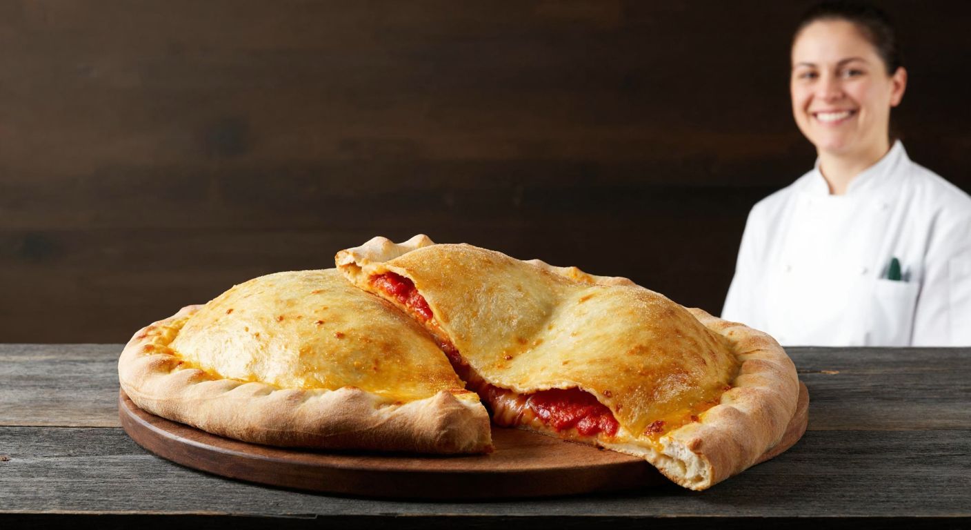 A golden-brown folded calzone pizza with melted cheese and tomato sauce peeking out, placed on a rustic wooden table in an Italian trattoria with a chef in a white apron smiling nearby.