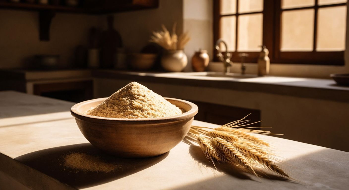 A rustic wooden bowl filled with golden siyez flour sits on a sunlit stone counter in a traditional Turkish kitchen, with a wheat stalk leaning against it, evoking warmth and natural simplicity.