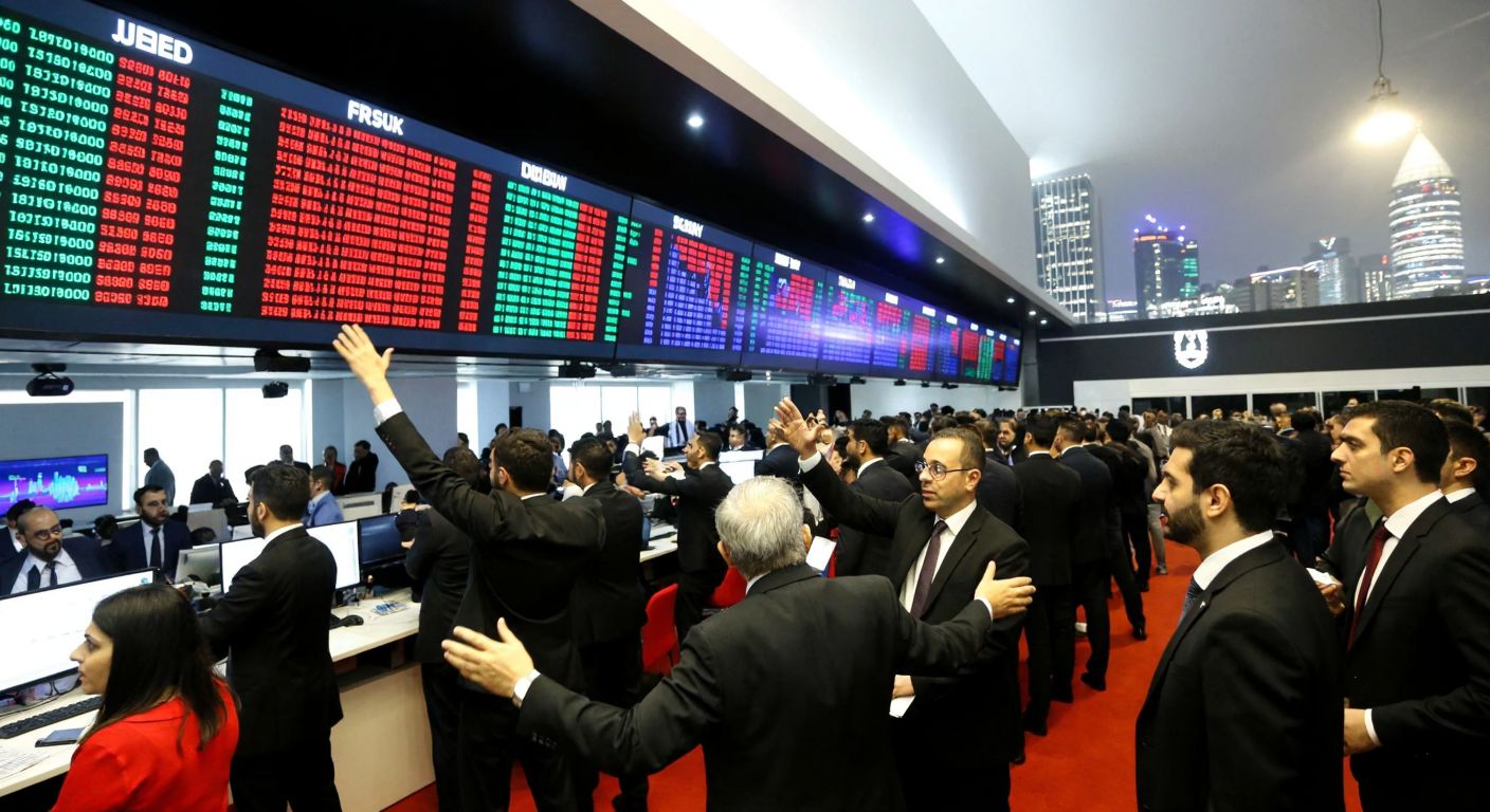 A bustling trading floor in Istanbul’s financial district, with traders in formal attire gesturing animatedly toward a large electronic board displaying stock symbols, framed by the iconic skyline of the city.