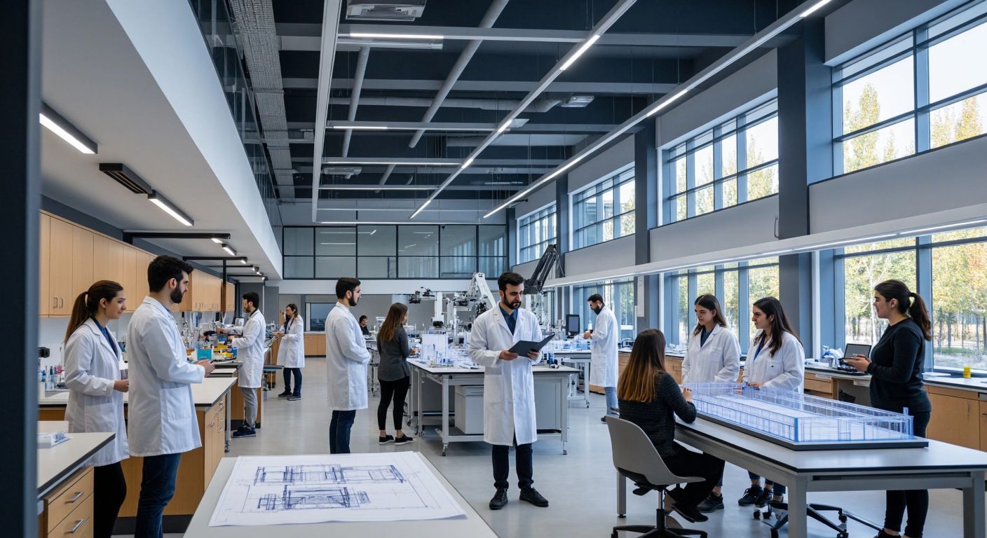 A modern university campus in Konya with students in lab coats working in a bright engineering lab, surrounded by high-tech equipment and blueprints, while a group discusses near a scale model of a bridge, reflecting both collaboration and academic rigor.