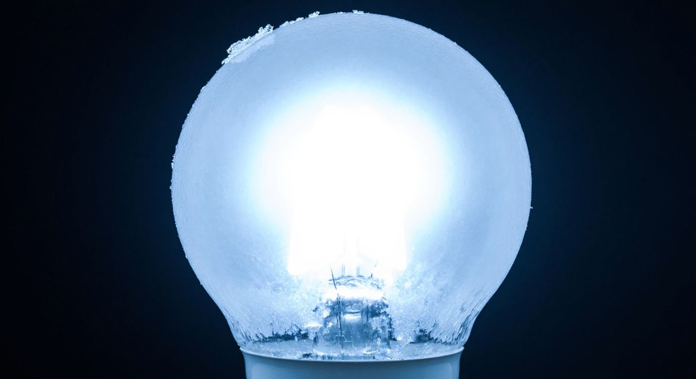 A glowing, icy-blue light bulb suspended in a dark void, radiating a crisp, cold-white illumination with faint hints of frost forming around its edges.