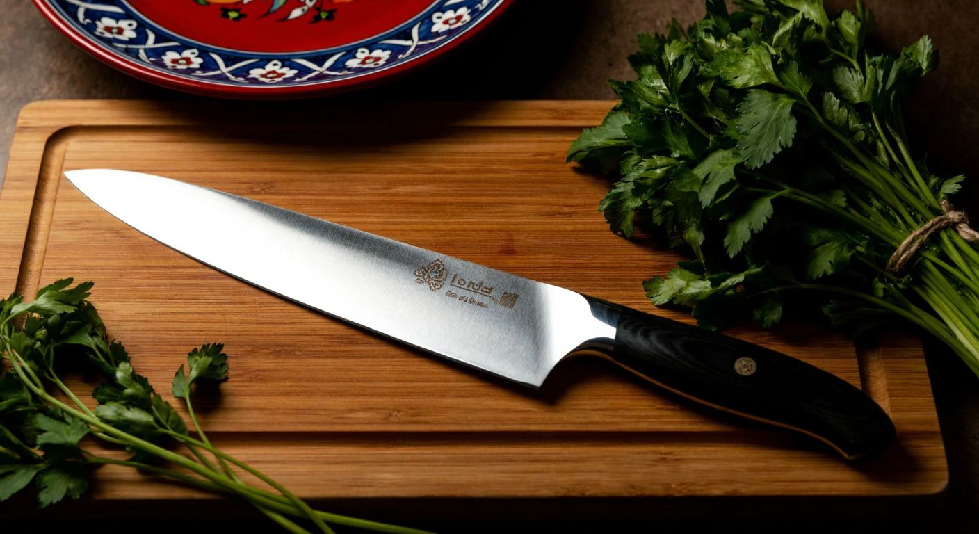A polished chef's knife resting on a wooden cutting board, with a faint laser-etched name glinting under warm kitchen lighting, surrounded by fresh herbs and a traditional Turkish ceramic plate in the background.