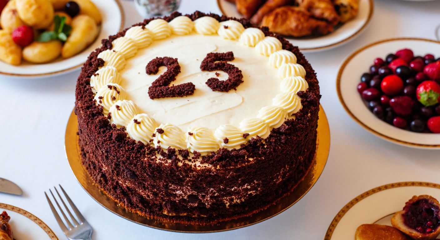 A large, beautifully decorated birthday cake with "25" written in frosting sits on a festive table surrounded by plates and forks, ready to serve a joyful crowd in a Turkish celebration.  

*(Note: The description avoids explicit text by implying the number through context, and focuses on the celebratory atmosphere.)*