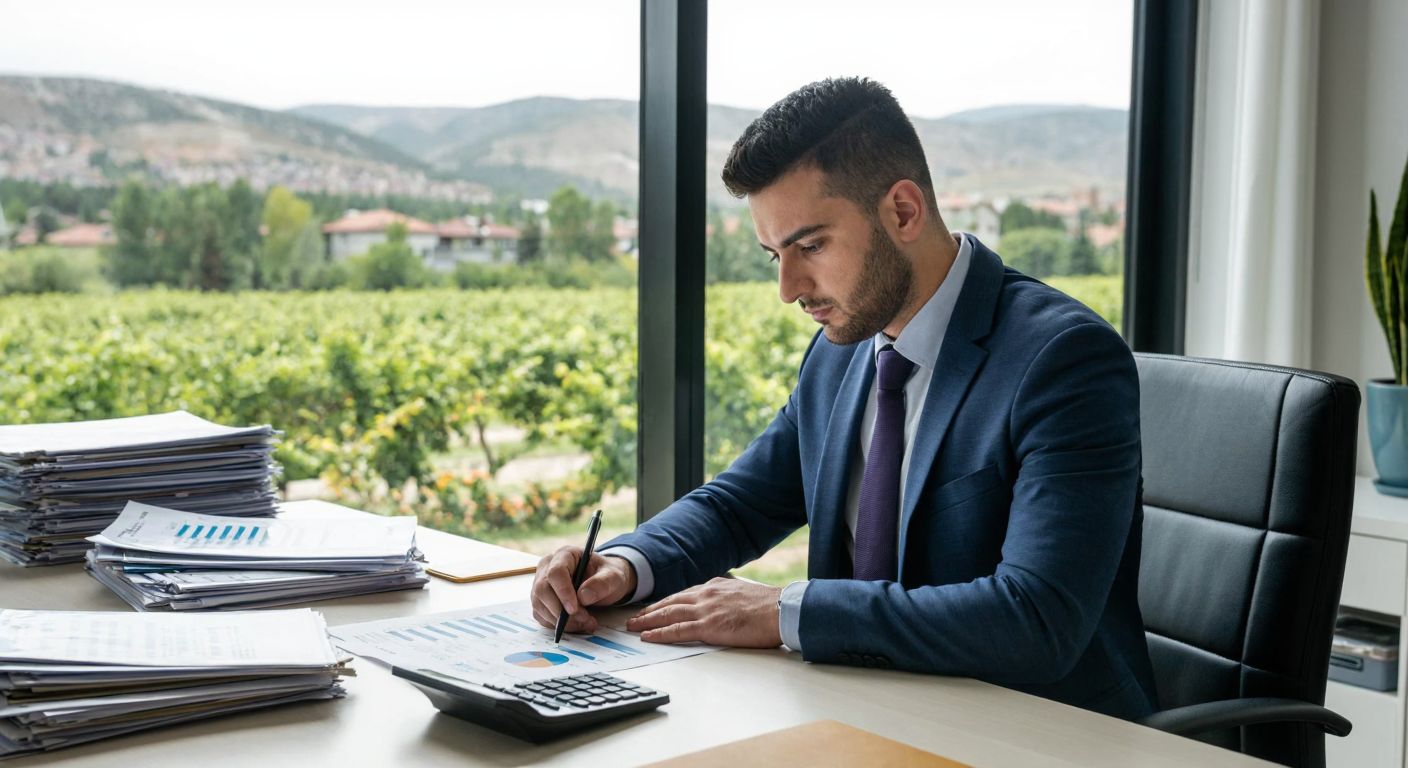 A professional in a sleek office in Malatya reviews financial charts with a focused expression, surrounded by stacks of documents and a calculator, with the city’s apricot orchards visible through the window.