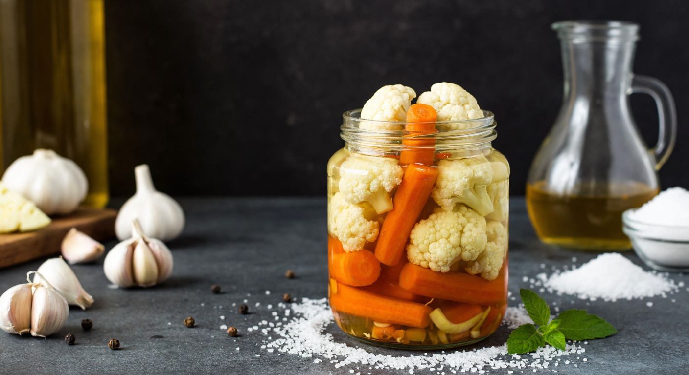 A rustic Turkish kitchen countertop with a glass jar filled with fresh cauliflower florets, carrot slices, and garlic cloves submerged in a golden brine, surrounded by scattered ingredients like vinegar, rock salt, and sugar, evoking warmth and tradition.