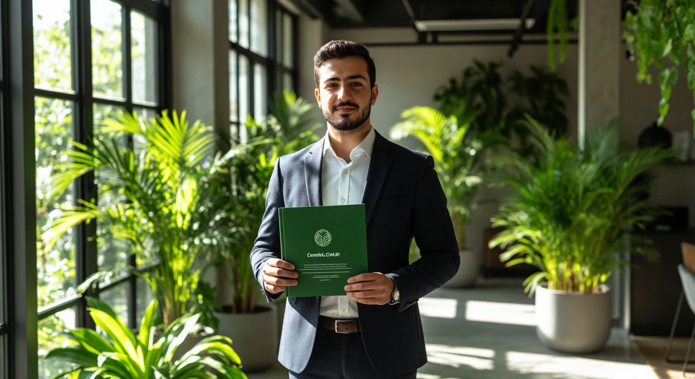 A Turkish business owner in a crisp suit holds a green-certified document while standing in a sunlit office with potted plants, symbolizing sustainability and periodic renewal.
