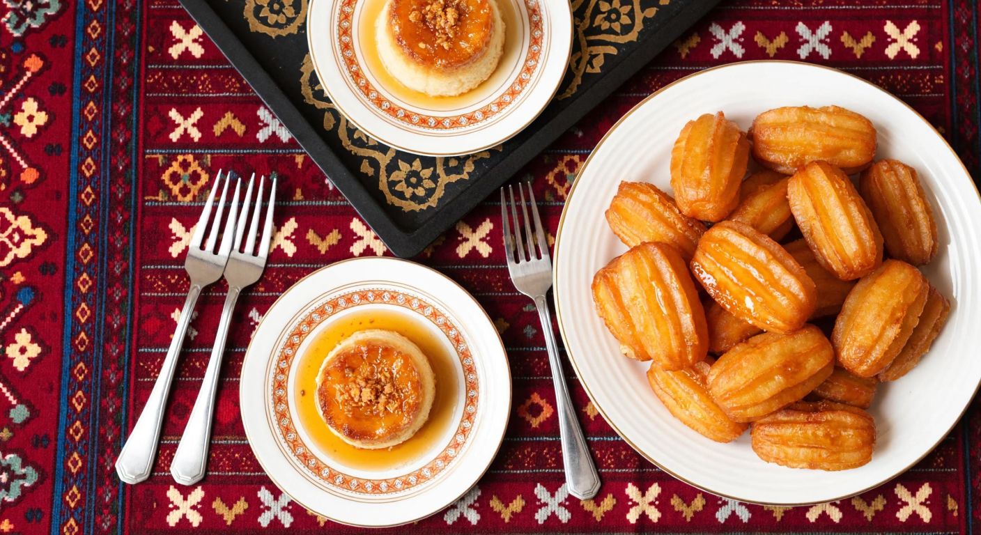 A golden-brown plate of crispy tulumba pastries drizzled with syrup, placed on a traditional Turkish tablecloth, surrounded by three small dessert plates and forks, evoking warmth and sharing.