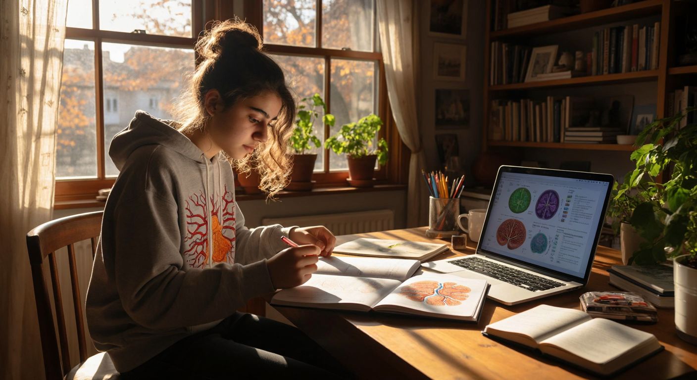 A Turkish teenager sits at a wooden desk in a sunlit room, flipping through a biology textbook with colorful diagrams of cells, while a laptop and notebook lie open nearby, showing a paused educational video and handwritten notes.