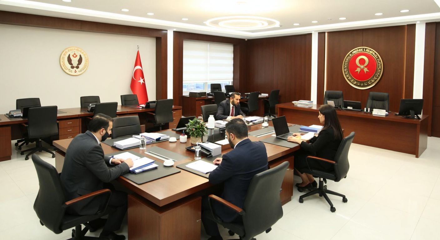 A modern Turkish government office with neatly organized desks, officials in formal attire discussing documents, and a large emblem of the Ministry of National Education on the wall, conveying professionalism and structured administration.