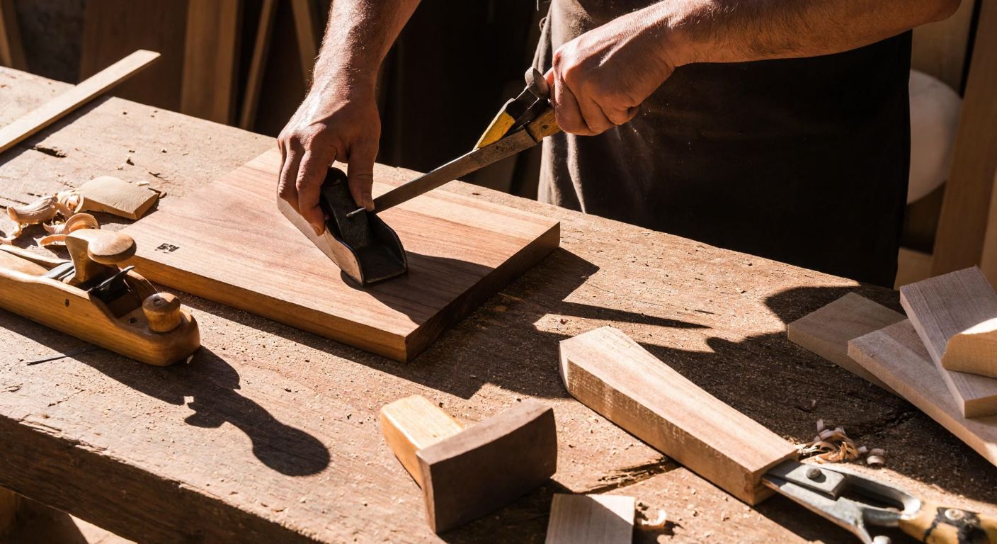 A Turkish craftsman in a sunlit workshop carefully planes a wooden cutting board with a hand plane, surrounded by scattered wood shavings, a handsaw, chisel set, and sandpaper on a rustic wooden workbench.