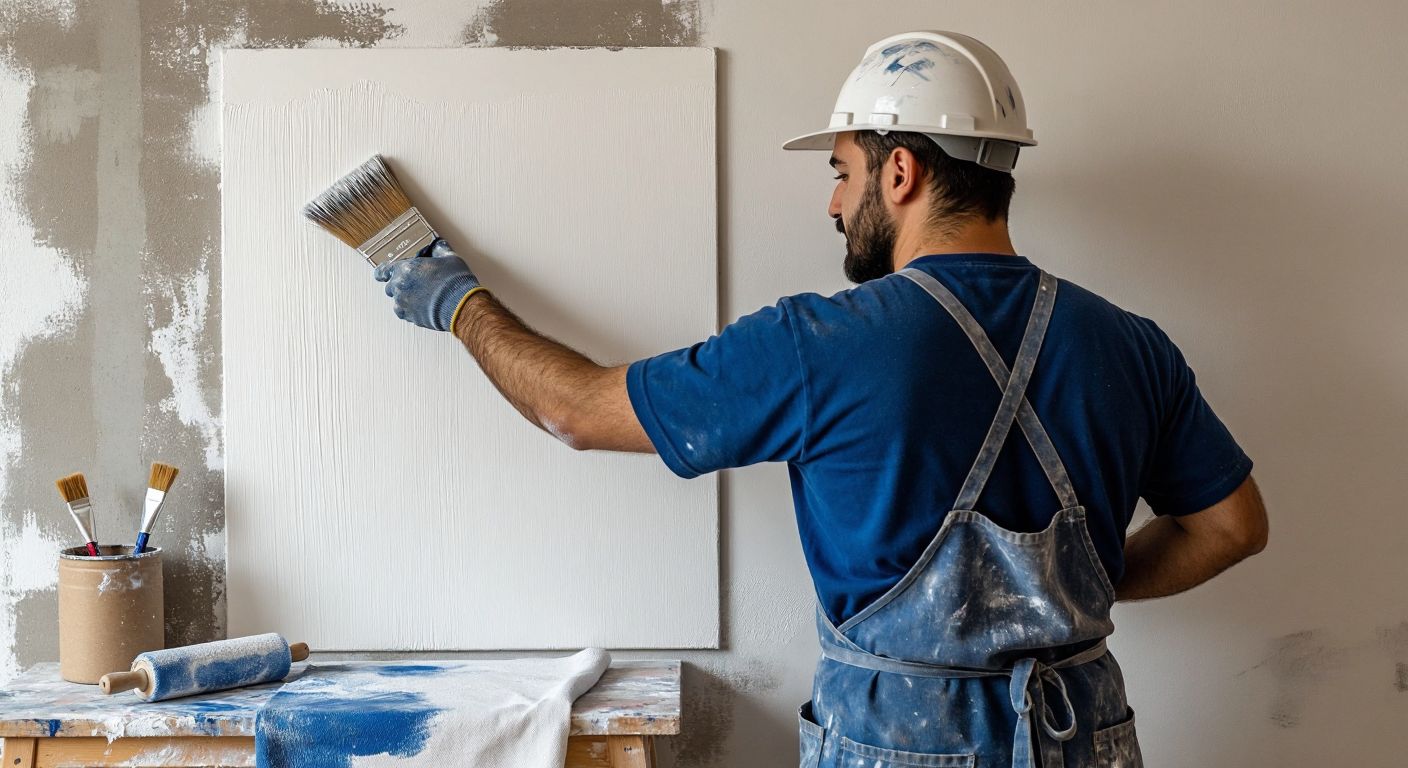A Turkish painter in a blue work apron carefully smooths fresh white paint on a wall with a high-quality brush, ensuring even strokes while a drying roller rests nearby on a drop cloth.