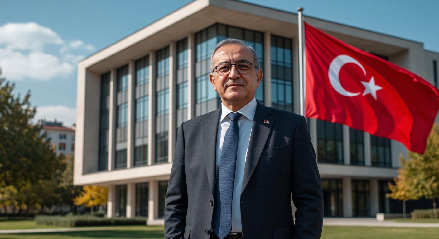 A distinguished older man in a formal suit stands proudly in front of a modern university building in Istanbul, with the Turkish flag waving gently in the background.