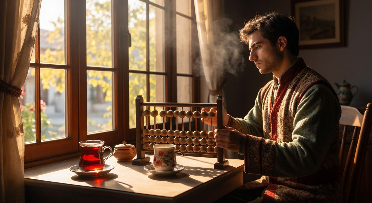 A person in Turkey thoughtfully holds a traditional wooden abacus near a sunlit window, with a steaming cup of Turkish tea on a small table beside them.