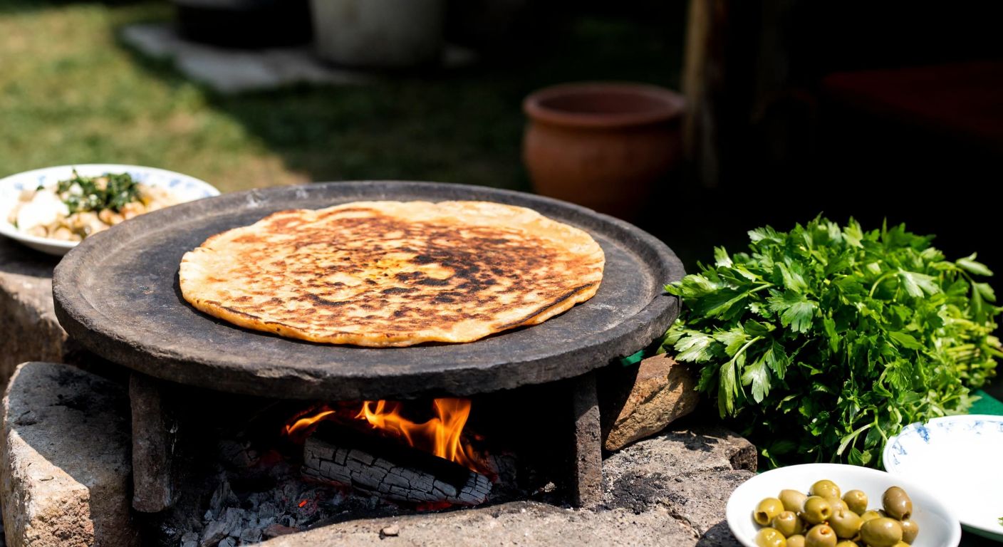 A weathered stone griddle (taş sac) sits over glowing embers in a rustic outdoor setting, with golden gözleme sizzling on its surface, surrounded by fresh herbs and a bowl of olives, evoking the traditional culinary heritage of Cide, Turkey.