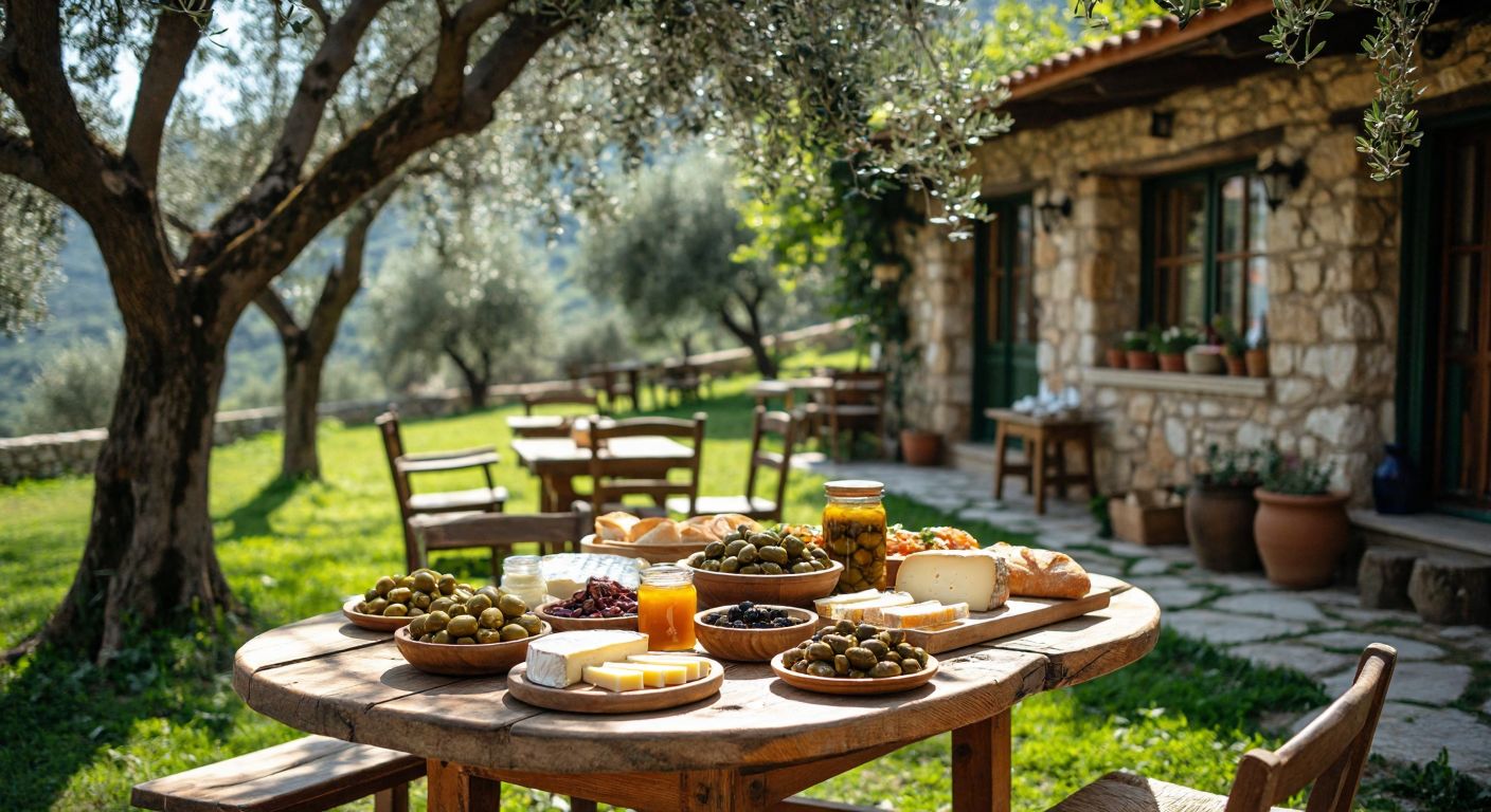 A rustic wooden table in a sunlit garden in Erdek, laden with a traditional Turkish breakfast spread—olives, cheeses, honey, and fresh bread—surrounded by olive trees and a cozy stone-walled café in the background.