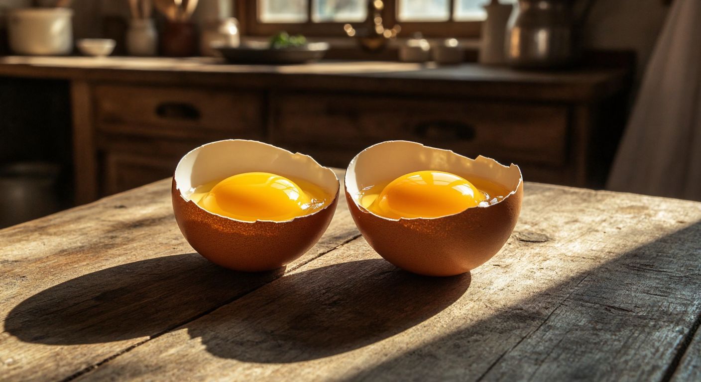 A rustic wooden table in a Turkish kitchen holds two cracked eggs—one with a bright white shell and the other with a striking blue shell—both yolks glowing golden under warm sunlight.