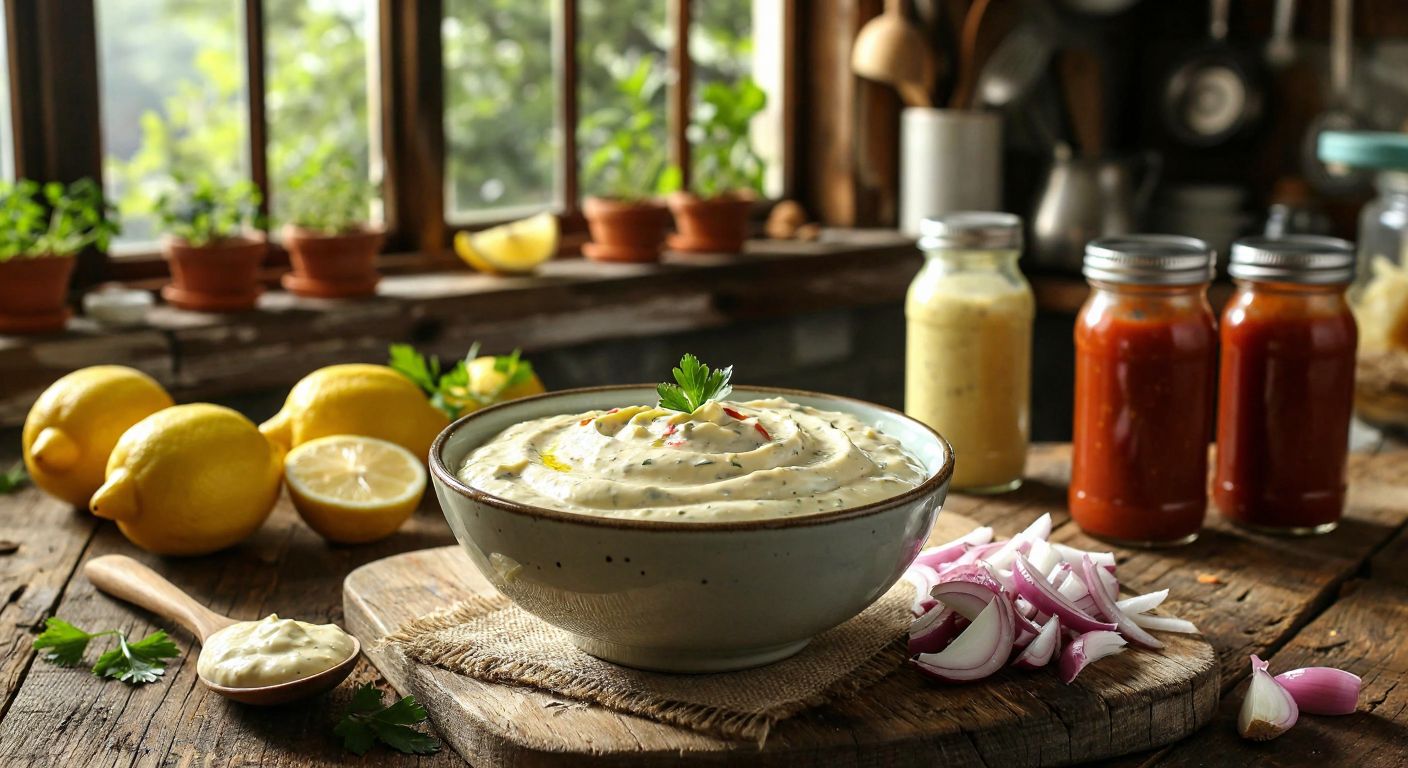A rustic wooden table in a sunlit Turkish kitchen holds a bowl of creamy remoulade sauce surrounded by fresh ingredients like lemons, mustard jars, ketchup bottles, and chopped onions.