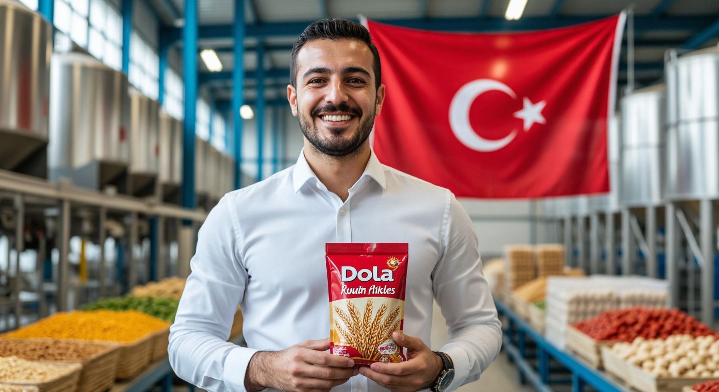A smiling Turkish businessman in a crisp white shirt stands proudly in front of a modern food factory, holding a package of Dola-branded snacks with wheat fields and the Turkish flag in the background.