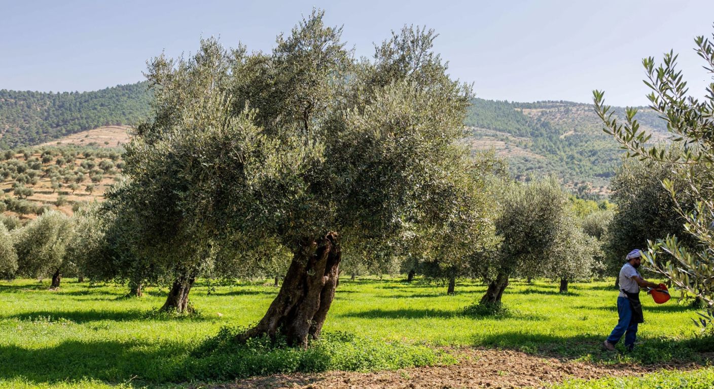 A lush green olive tree stands in a sunlit Marmara region orchard, with rolling hills in the background and a Turkish farmer in traditional clothing gently harvesting ripe olives.