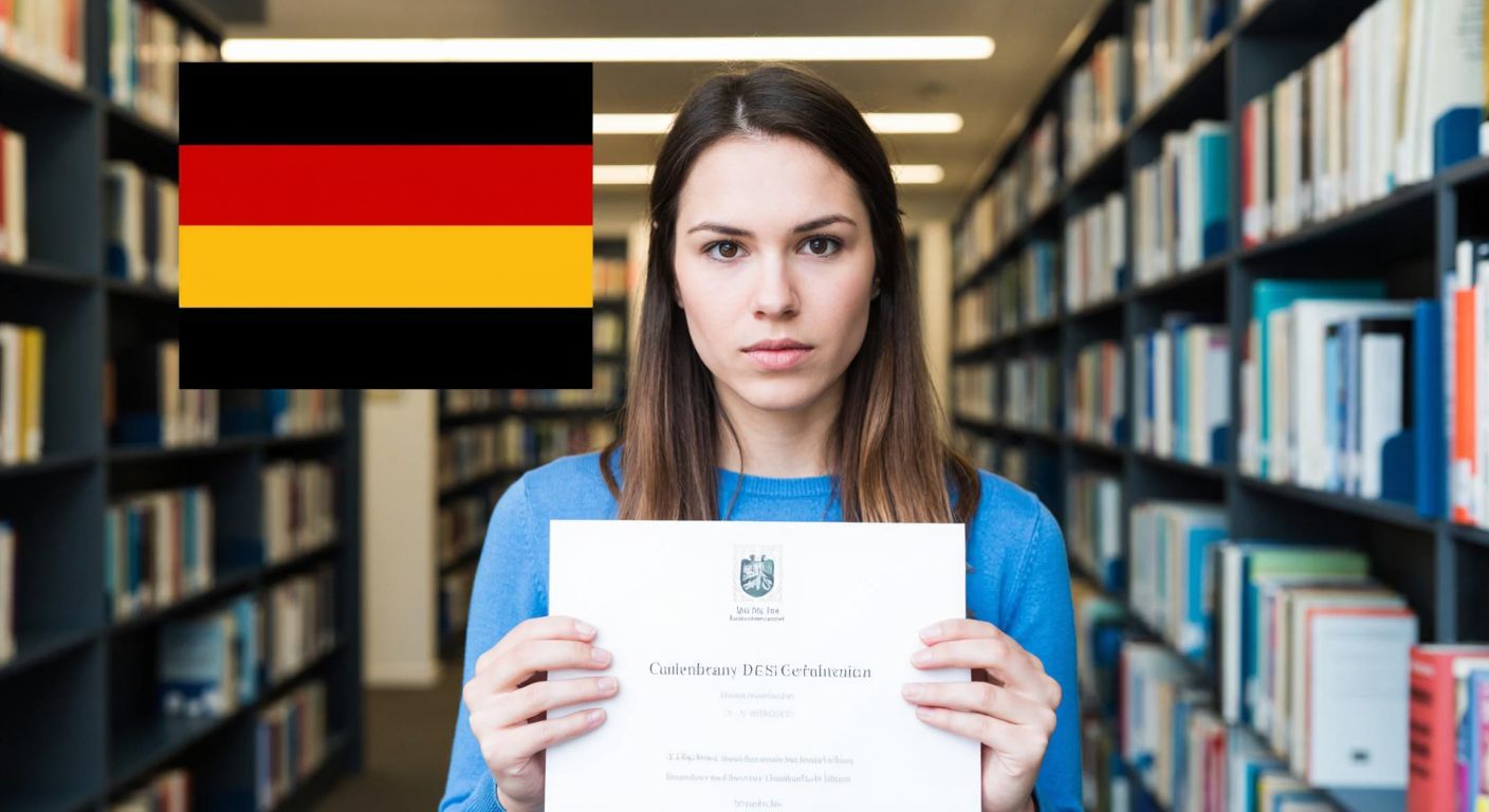 A determined student in a modern German university library, holding a DSH certificate while surrounded by academic books, with a focused expression and a German flag subtly visible in the background.