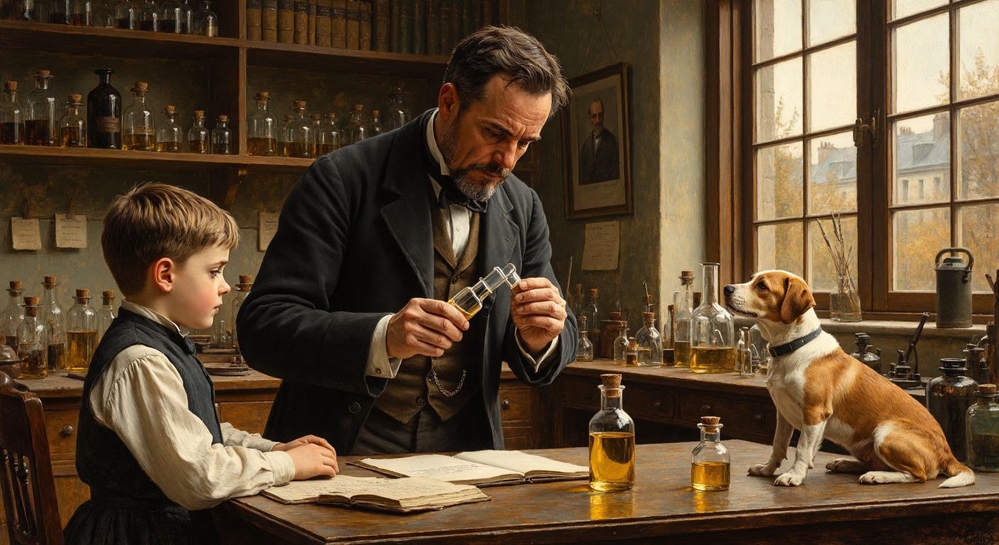 A focused Louis Pasteur in a 19th-century French laboratory, carefully examining a glass vial containing a weakened rabies virus, with a nervous young boy (Joseph Meister) sitting nearby, a relieved mother watching, and a recovered dog resting peacefully in the corner.