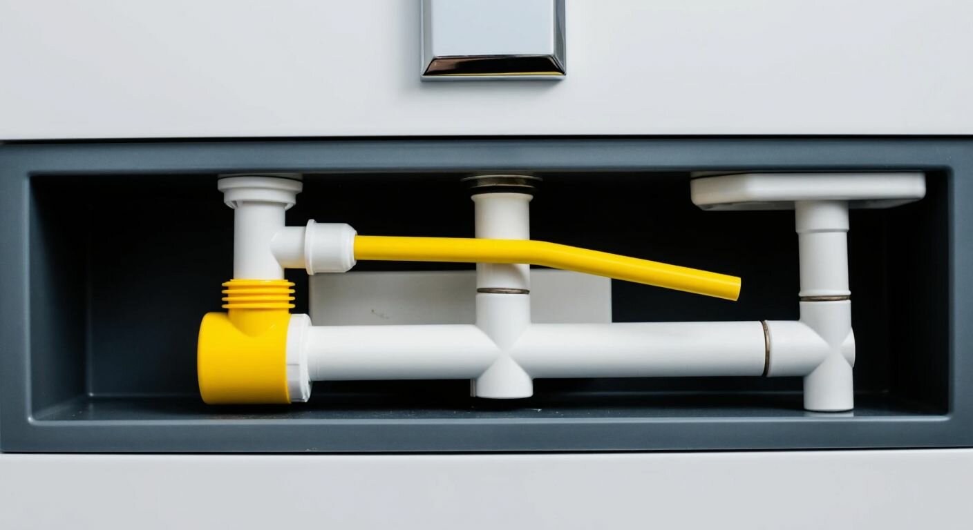 A close-up of a modern Turkish bathroom's hidden cistern with a shiny silver bridge mechanism, a yellow push rod, and a white push rod neatly arranged inside, reflecting clean efficiency.