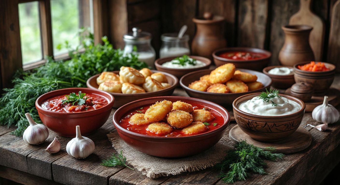 A rustic wooden table in a cozy Ukrainian kitchen, laden with steaming bowls of vibrant red borsch, golden-brown varenyki drizzled with butter, crispy Kiev chicken, and a plate of deruny topped with sour cream, surrounded by fresh dill and garlic.