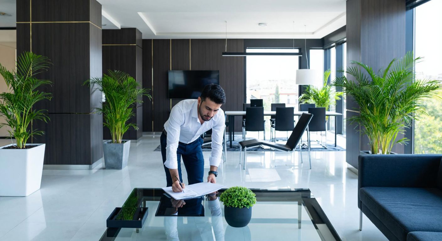 A modern, well-lit office space in Turkey with sleek furniture, potted plants, and a professional atmosphere, where a businessman in a crisp shirt reviews documents at a glass desk.