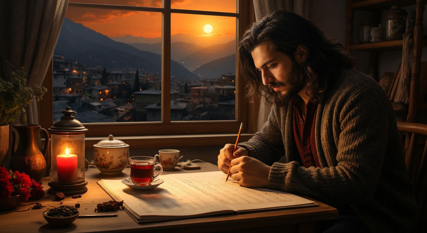 A Turkish person in a cozy home setting thoughtfully marks dates on a wall calendar with a pencil while a steaming cup of çay sits nearby.