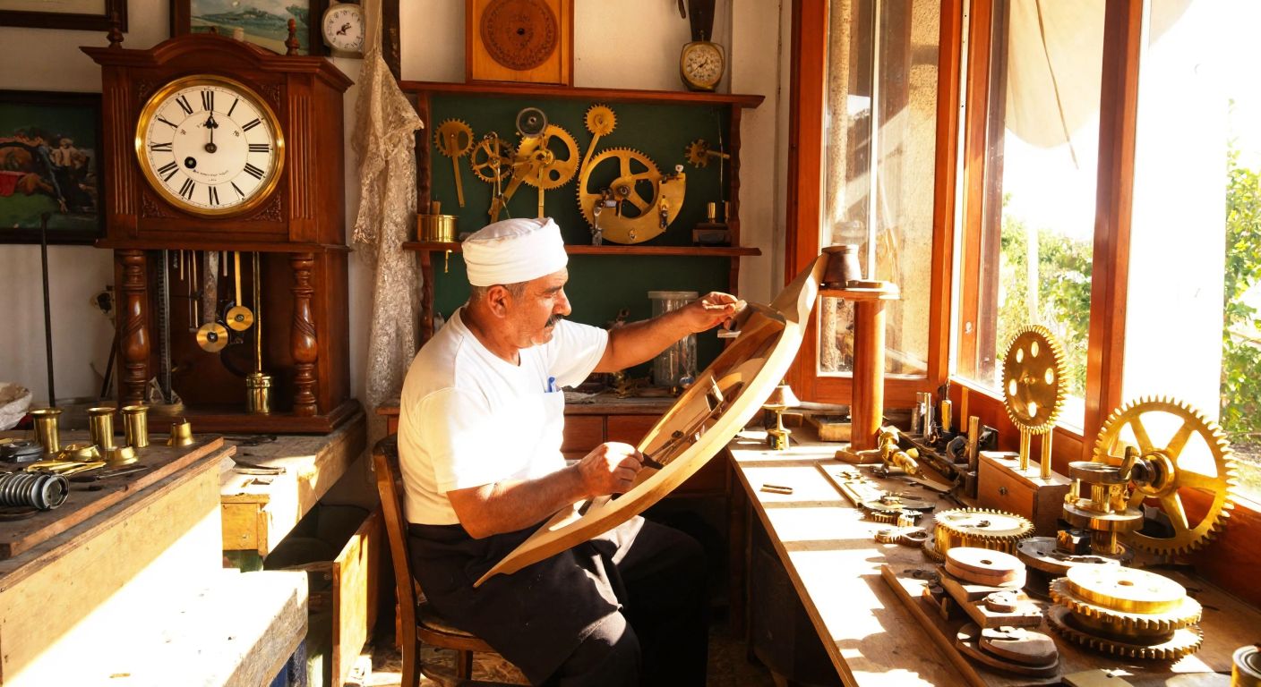 A traditional Turkish clockmaker in Manavgat, Antalya, carefully assembling a wooden wall clock in a sunlit workshop filled with brass gears and polished timepieces.
