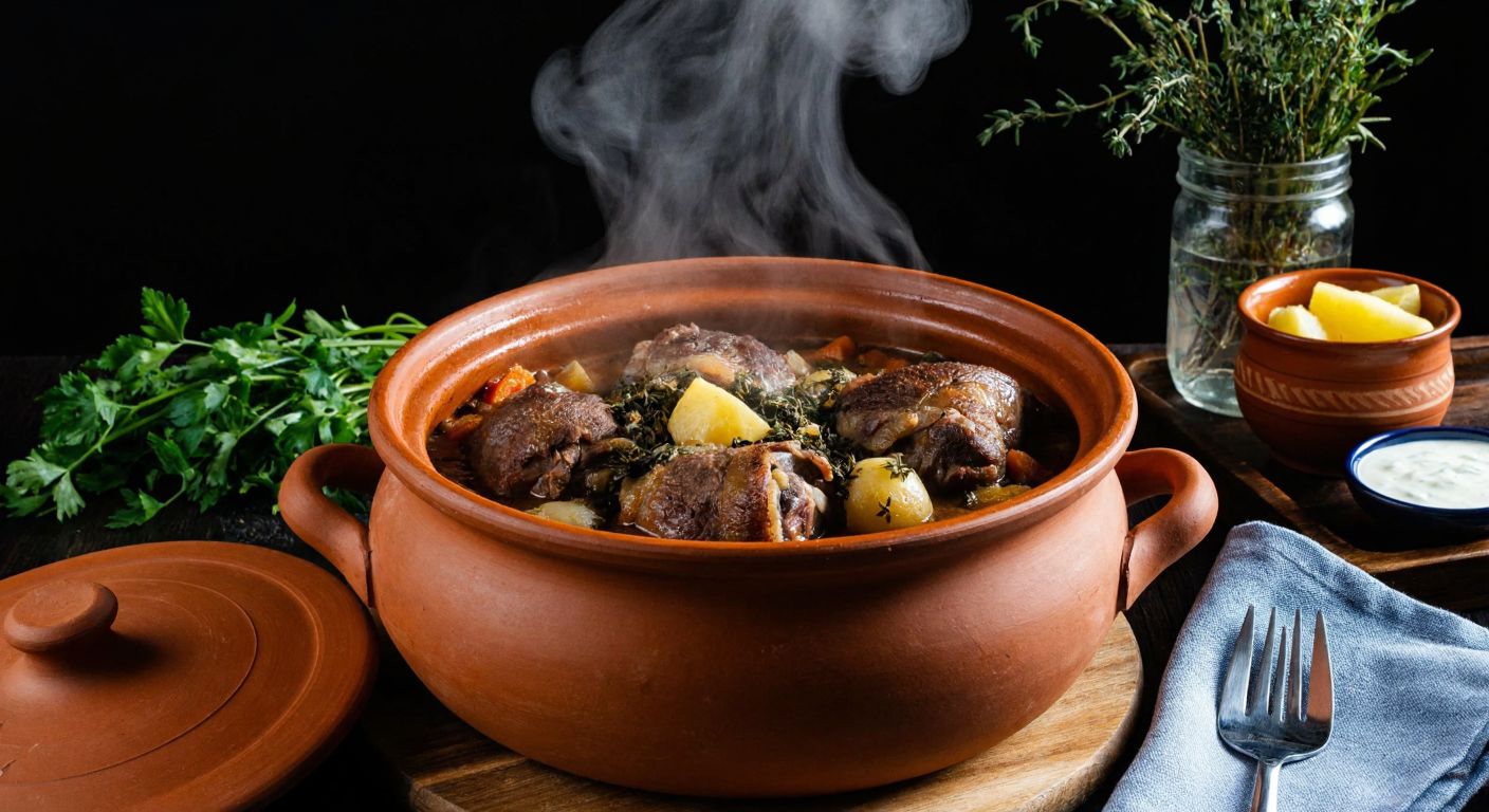 A rustic Turkish kitchen with a steaming clay pot of kapama, tender lamb pieces nestled among aromatic herbs and vegetables, evoking warmth and tradition.