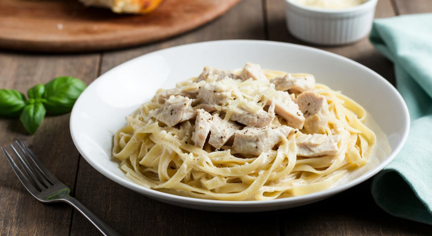 A steaming plate of creamy fettuccine alfredo with tender chunks of turkey, garnished with grated parmesan, sits on a rustic wooden table in a cozy Turkish kitchen.