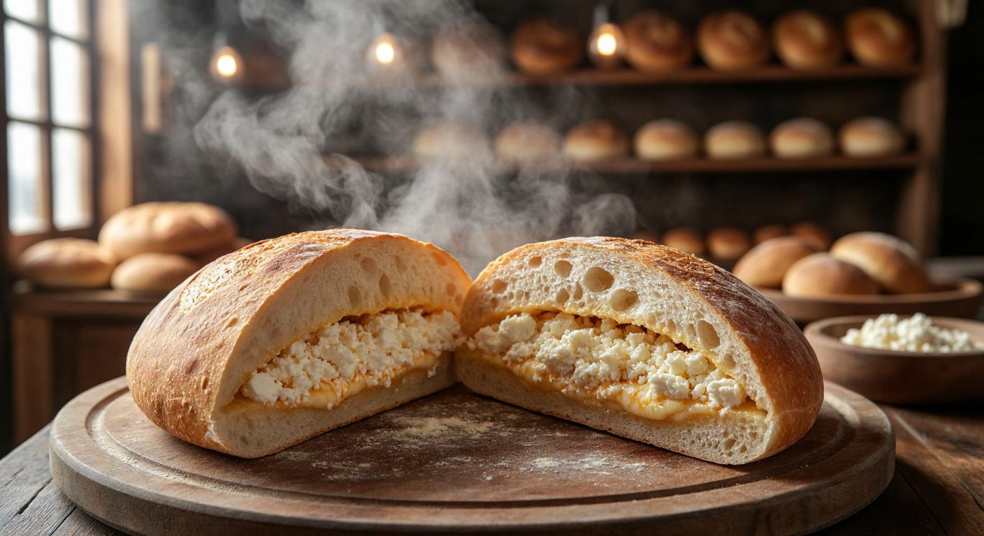 A freshly baked kumru bread split open, revealing a generous filling of crumbled İzmir tulum cheese, with steam rising from the warm bread against a backdrop of a traditional Turkish bakery.