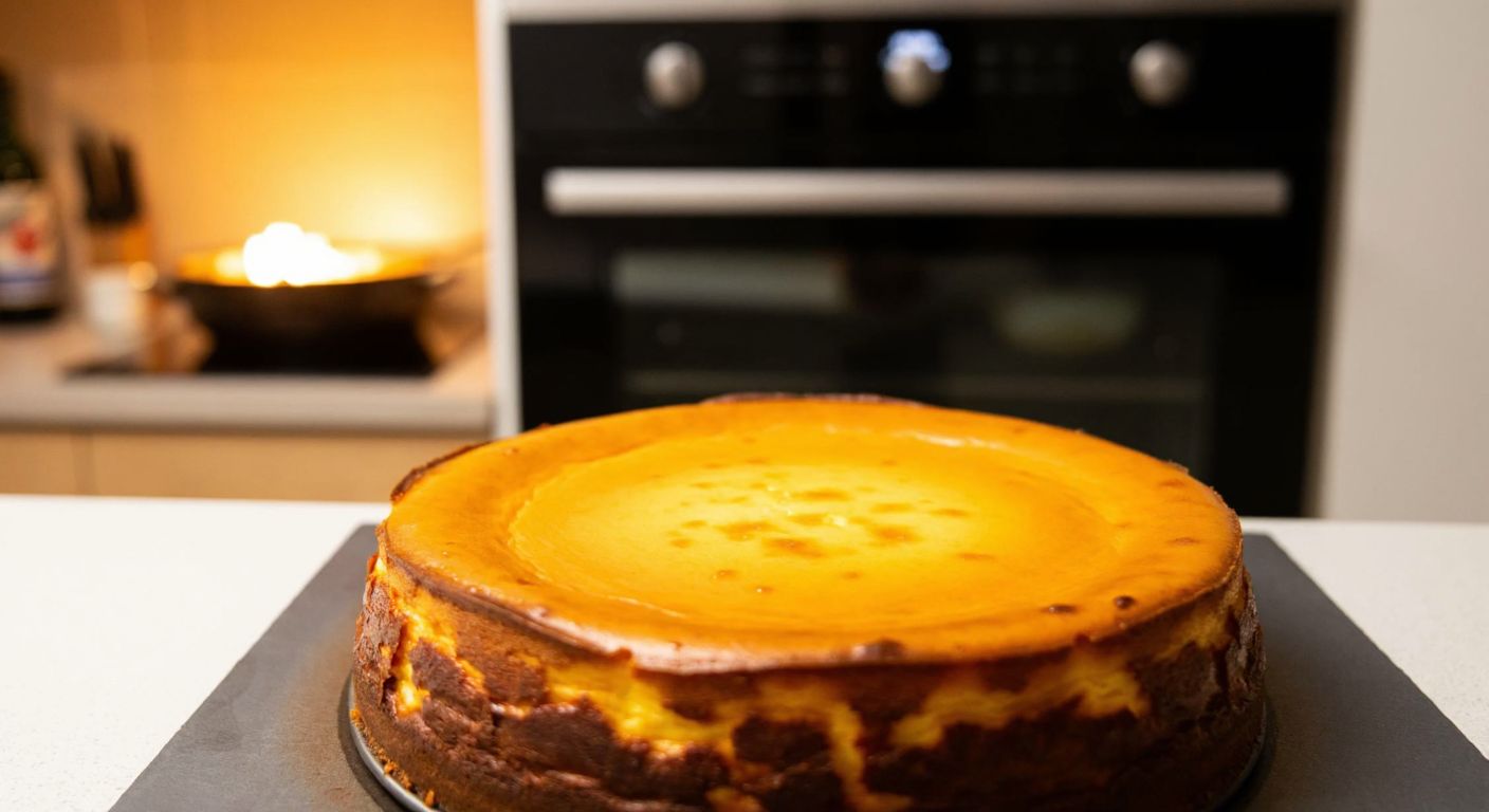 A golden-brown San Sebastian cheesecake sits on a kitchen counter in Turkey, with a modern oven glowing warmly in the background, its door slightly ajar to release a sweet aroma.